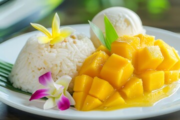 Sticker - Thai mango sticky rice dessert with ice cream