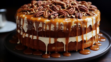 Wall Mural - Maple pecan cake with maple syrup drizzle and candied pecans.
