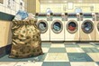 Vintage laundry room interior with multiple washing machines and dryer units