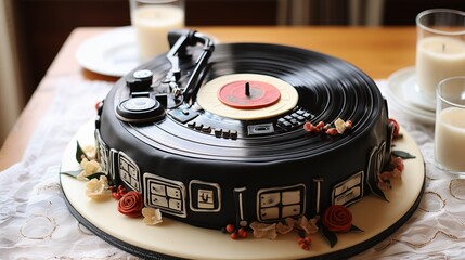 Wall Mural - Vintage vinyl record cake with fondant record player, vinyl records, and musical notes.