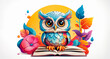 A smart and cute owl sits on an open book. The concept of study, school and students.
