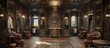 Luxurious Steampunk-Inspired Victorian Mansion Dressing Room with Ornate Brass Fittings and Leather Furnishings