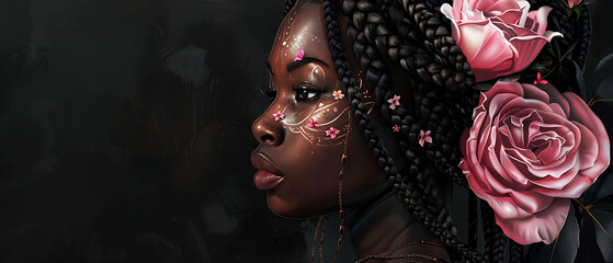 Wall Mural - a woman with braids and a flower in her hair, with a black background and a pink rose in her hair