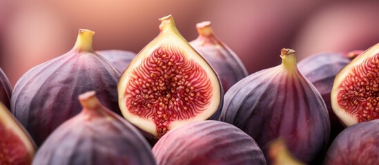 Wall Mural - Close up view of a bunch of figs where each fruit has been sliced in half, revealing the juicy interior and seeds