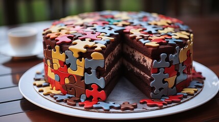 Wall Mural - Cake designed as a puzzle, with individual pieces decorated and assembled for a complete birthday cake.