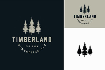 Wall Mural - Silhouette of three pines tree similar with evergreen fir conifer spruce cedar larch cypress tree. Forest Landscape classic vintage logo design