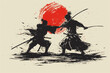 Abstract scene of two samurais duel on the sunset, japanese style hand drawn digital art illustration painting background