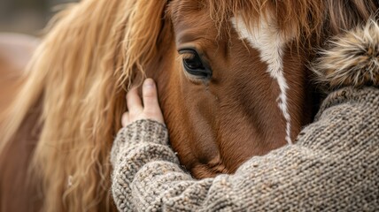 Wall Mural - Person in a knit sweater petting brown horse, close-up of horse's face and person's hand