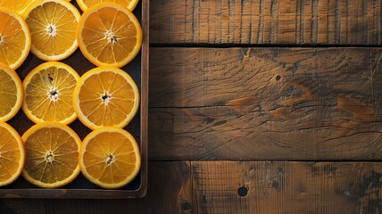 Wall Mural - Sliced oranges neatly arranged on a wooden tray, with rustic wood table background