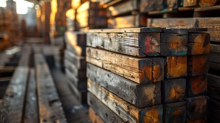 Canvas Print - A close up of a stack of wooden planks in an industrial setting, AI