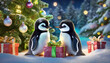 Cute baby penguins around gifts near the Christmas tree on a winter's night