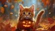 A cat with a pumpkin on its head sitting in leaves, AI