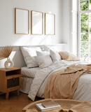 Fototapeta Panele - Mockup frame in light cozy and simple bedroom interior background, 3d render