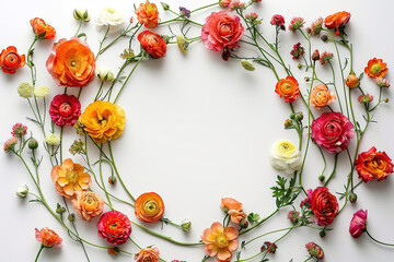 Round frame wreath pattern with ranunculus flowers on white background