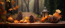 On A Wooden Table, There Is An Assortment Of Autumn Decorations Including A Lantern, Pumpkins, And Pine Cones