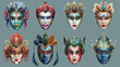 An authentic collection of handmade Venetian painted carnival face masks, suitable for party decoration or masquerade events. This realistic vector illustration showcases the intricate designs.