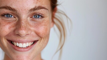 Wall Mural - Close-up of a smiling woman with freckles and blue eyes on white background