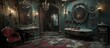 Victorian Dressing Room in a Haunted Mansion with Antique Mirrors and Ghostly Apparitions