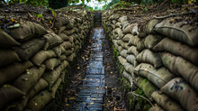 Rows Of Sandbags Lining The Trenches Of World War One, Located In Belgium.