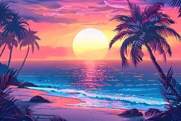 Wall Mural - summer beach poster retrowave or synthwave neon colors, retro style