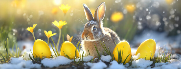 Wall Mural - A rabbit sits among yellow eggs and flowers on a snowy spring morning. The animal is nestled in a bright, chilly landscape as sunlight filters through.