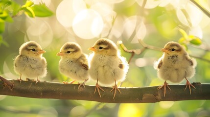 cute little baby birds sitting on a tree branch outside in the nature. blur background with wildlife.