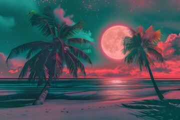 Wall Mural - summer beach poster retrowave or synthwave neon colors, retro style