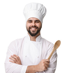 Sticker - Happy young chef in uniform holding wooden spoon on white background