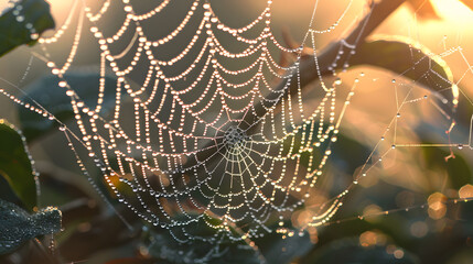 Wall Mural - A close-up shot of a dew-covered spider web glistening in the soft morning light, capturing the intricate details and delicate beauty of nature's architecture