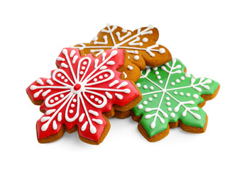 Wall Mural - Tasty Christmas cookies in shape of snowflakes isolated on white