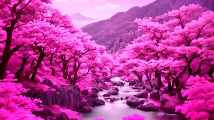 Poster - Beautiful spring landscape with pink cherry blossom and mountain range, AI Generated