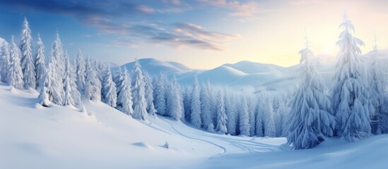 Wall Mural - Snow-covered trees stand tall in the mountain landscape, with a visible trail winding through the fresh snow