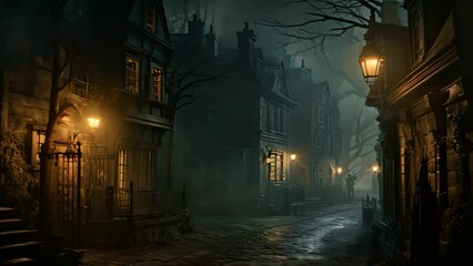 Wall Mural - Foggy street with old houses in the old town at night, AI Generated