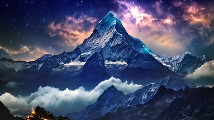 Poster - A breathtaking view of a towering mountain against a backdrop of billowing clouds, The peak of Mount Everest against a starry night sky, AI Generated