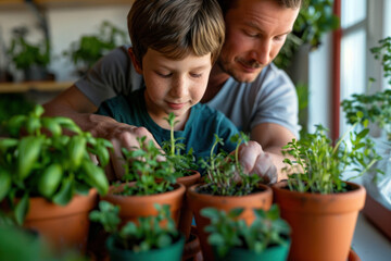 Wall Mural - Father with a boy planting herbs at home