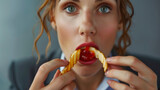 Fototapeta  - Stress-Snacking: Eine geschäftige Berufstätige stillt ihren Heißhunger mit Pommes Frites.