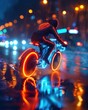 A bicycle with smart wheels generates its own light path, a glowing trail that fades moments after the rider passes 