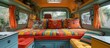Cozy Retro Camper Van Bedroom with Vibrant Upholstery and Decor