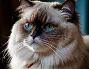 The Himalayan cat is a truly stunning breed, known for their luxurious long fur and captivating blue eyes. They are a product of breeding between Persian and Siamese cats