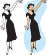A vintage retro cartoon of an attractive woman in a dress pointing at something interesting. 