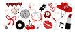 Cartoon set of ganster stickers grunge star girl in 90s style. Lipstick, retro vinyl, hat, disco ball, cocktails. Musical disco aesthetics in hippie funky groovy style