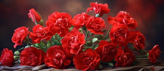 Wall Mural - Numerous vibrant red flowers are beautifully arranged on a wooden table in a bright and cheerful setting