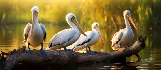 Poster - Group of pelicans perching gracefully on a wooden log floating in the calm waters