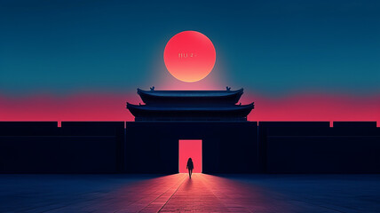 Wall Mural - An Asian woman standing in front of ancient Chinese architecture, with neon style, grand monument, Forbidden City,generative ai