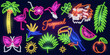 Tropical Set of fashion neon sign. Night bright signboard, Glowing light banner. Summer logo, emblem for Club or bar. Editable vector. leaves, palm, flamingo, tiger, toucan, coconut, fruit