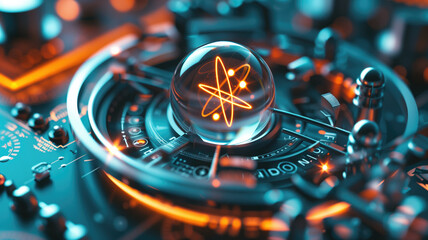 Wall Mural - High-tech concept with a glowing atom symbol inside sphere on futuristic circuit board