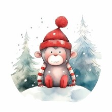 Cute Baby Monkey Wearing A Christmas Red Hat. Christmas Forest With Cold Christmas Eve. Watercolor Clipart White Background. Symbol Of The Year Of The Monkey 2028, Chinese Calendar Lunar New Year