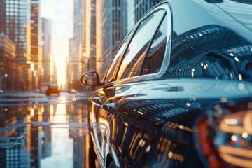 Wall Mural - The reflection of skyscrapers on the sleek surface of a luxury sedan, each building rendered with hyperrealistic precision.