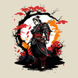 Samurai Ninja character in shadow cartoon vector illustration with Japanese tree