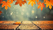 Autumn background, yellow maple leaves in raindrops. Autumn leaves in the rain. 